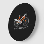 Grande Horloge Ronde Texte cycologue avec vélo orange (Angle)