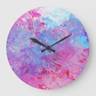 Grande Horloge Ronde Texture créative bleu-rose, taches de peinture.