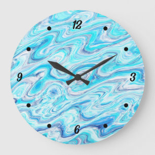 Grande Horloge Ronde Texture de marbre abstrait à vague bleue océanique