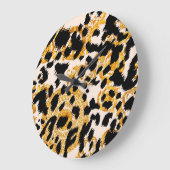 Grande Horloge Ronde Texture léopard : motif baroque or. (Angle)