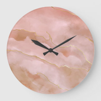Grande Horloge Ronde Texture or en marbre rose liquide