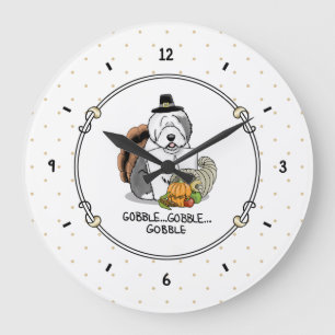 Grande Horloge Ronde Thanksgiving Old English Sheepdog (Gris 1) Fun
