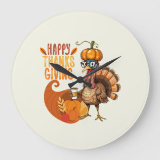 Grande Horloge Ronde Thanksgiving Turquie avec Casquette Citrouille