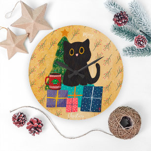 Grande Horloge Ronde Thé Café Chat Noir Festif Orange Joyeux Noël