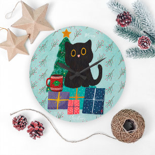Grande Horloge Ronde Thé Café Chat Noir Mignon Noël Bleu Festif