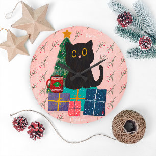 Grande Horloge Ronde Thé chat noir mignon Noël rose festif
