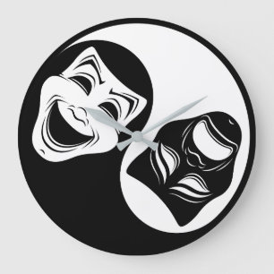 Grande Horloge Ronde Théâtre Yin Yang Design - Masques de comédie et de