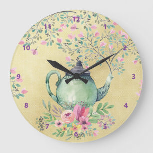 Grande Horloge Ronde Théière d'aquarelle et or élégants de fleurs
