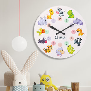 Grande Horloge Ronde Thème d'animaux mignons, nom personnalisé, personn