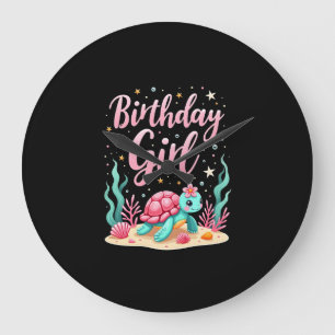 Grande Horloge Ronde Thème de fête d'anniversaire Tortue de mer Fille d