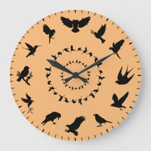 Grande Horloge Ronde Thèmes de silhouettes noires d'oiseaux sauvages un