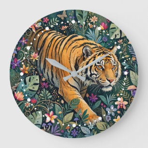 Grande Horloge Ronde Tigre aux Yeux Ambrés Feuillage de la Jungle Fanta