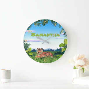 Grande Horloge Ronde Tigre de jungle personnalisé