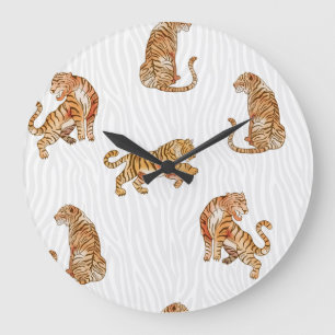Grande Horloge Ronde Tigres sauvages : Motif d'animaux d'aquarelle.