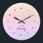 Grande Horloge Ronde Timeless Beauty Pastel Gradient Burlap Texture<br><div class="desc">A soft pastel gradient design featuring warm yellow blending into romantic pink and a delicate lilac shade, inspired by the gentle simulated texture of burlap fabric. The elegant phrase “Timeless Beauty” adds a refined and romantic touch, making this wall clock a perfect accent for bedrooms, living rooms, nurseries, or feminine...</div>