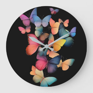 Grande Horloge Ronde Tir de papillons - Arc-en-ciel coloré sur noir