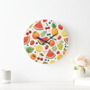 Grande Horloge Ronde Tissu à motif de fruits d'été Pastèque tropicale