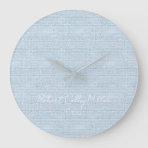 Grande Horloge Ronde Tissu de lin Baby blue Nom complet Date Nursery