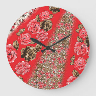 Grande Horloge Ronde Tissu rouge éclatant avec floral complexe et