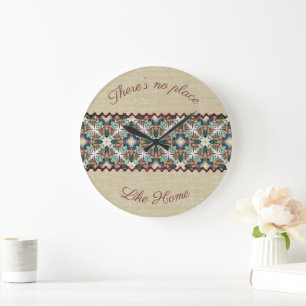 Grande Horloge Ronde Toile de jute rustique et fleurs