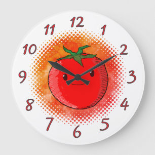 Grande Horloge Ronde Tomate de dessin animé mignon Fond aquarelle