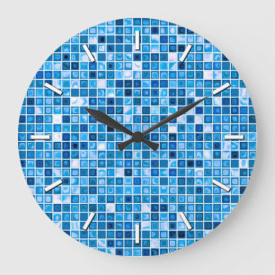 Grande Horloge Ronde Tons Bleus "Aquarelle" Mosaïque Carreaux Motif