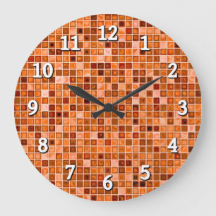 Grande Horloge Ronde Tons De Cuivre Tan 'Aquarelle' Motif De Carreaux D