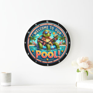 Grande Horloge Ronde Tortue À Thème De Piscine Évoquant Une Relaxation 