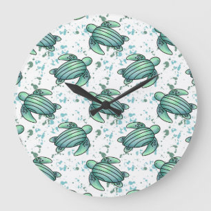 Grande Horloge Ronde tortue de mer aquarelle verte motif bleu animal