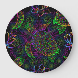 Grande Horloge Ronde Tortue de mer Boho : Motif psychédélique mandala