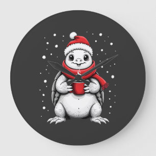 Grande Horloge Ronde Tortue de Noël avec chapeau de Père Noël amateur d