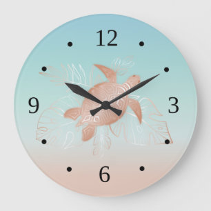 Grande Horloge Ronde Tortue d'or rose Tropical Feuilles numéros côtie