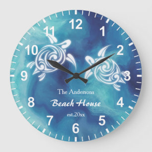 Grande Horloge Ronde Tortues blanches Aquarelle bleu océan Texte côtier