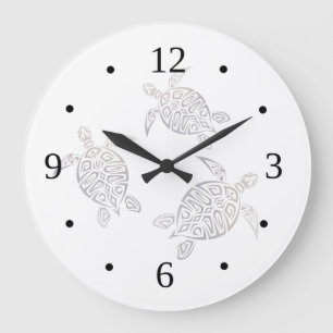 Grande Horloge Ronde Tortues de mer beige blanc nombres maritimes côtie
