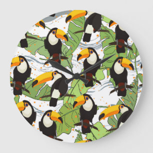 Grande Horloge Ronde Toucan tropical, palmiers verts, motif vintage.
