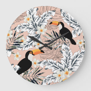 Grande Horloge Ronde Toucans, Palmiers, Plumeria : Pink Tropical.
