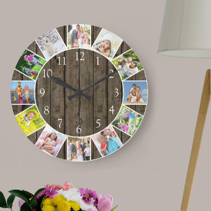 Grande Horloge Ronde Tour 12 Collage photo Bois foncé rustique