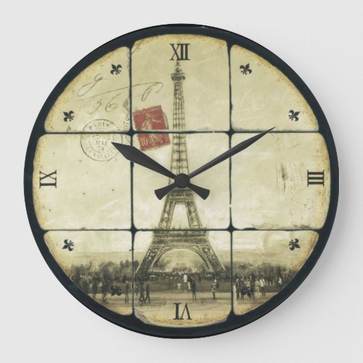 Grande Horloge Ronde Tour Eiffel vintage Rétro Fleur De Lis Design (Recto)