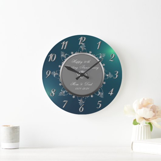 Grande Horloge Ronde Tourbillons Floraux Argentés,Vert Anniversaire de (Maison)