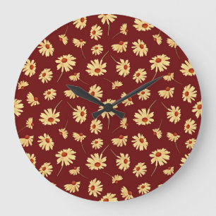 Grande Horloge Ronde Tournesol d'automne : Maroon Design sans fil