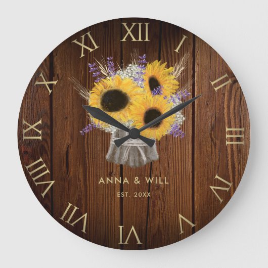 Grande Horloge Ronde Tournesol en bois rustique Anniversaire Mariage mo (Recto)