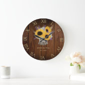 Grande Horloge Ronde Tournesol en bois rustique Anniversaire Mariage mo (Maison)