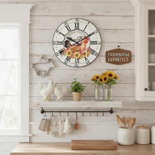 Grande Horloge Ronde Tournesols et poulet de la ferme frais