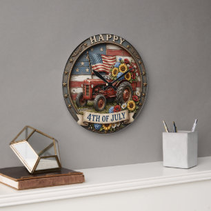 Grande Horloge Ronde Tracteur Vintage du 4 Juillet