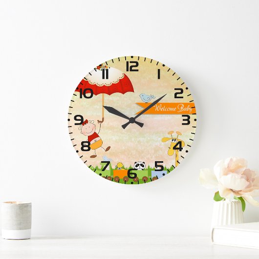 Grande Horloge Ronde Train de Baby Shower avec Animaux et Parapluie