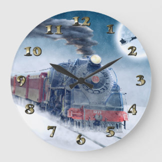 Grande Horloge Ronde Train de Noël de minuit avec Girl et Père Noël