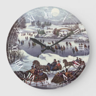 Grande Horloge Ronde Traîneaux de Noël vintage, Central Park en hiver