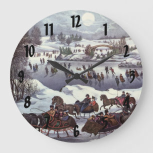 Grande Horloge Ronde Traîneaux de Noël vintage, Central Park en hiver