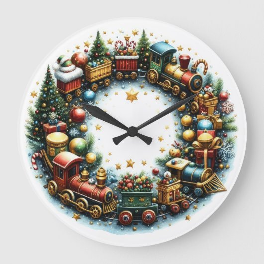 Grande Horloge Ronde Trains d'aquarelle à Noël blanc (Recto)
