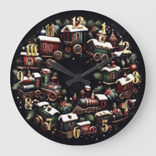 Grande Horloge Ronde Trains d'aquarelle pour Noël noir